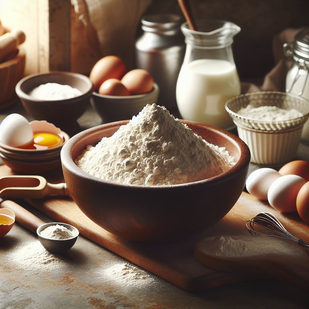 Rustic kitchen countertop with keto flour, baking ingredients, and utensils, conveying warm, inviting atmosphere