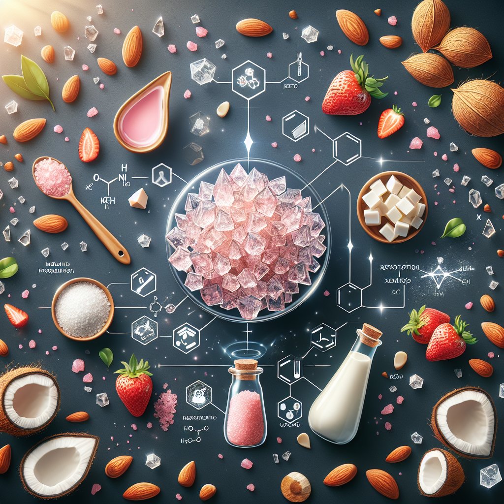 Vibrant display of xylitol crystals, nuts, berries, and coconut milk embodying the keto-friendly nature of xylitol.