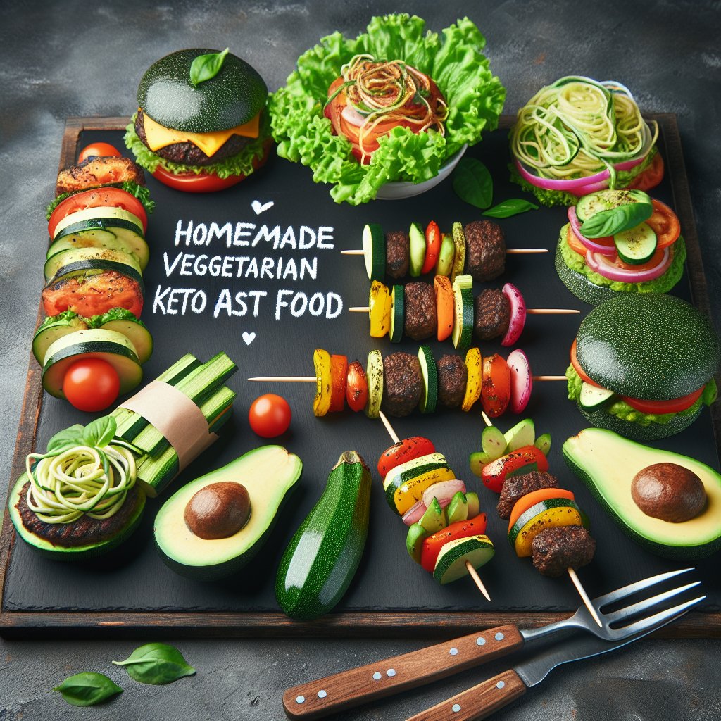 Vibrant homemade vegetarian keto fast food spread featuring colorful vegetable skewers, avocado and zucchini noodles, and a variety of plant-based burger patties with lettuce wraps.