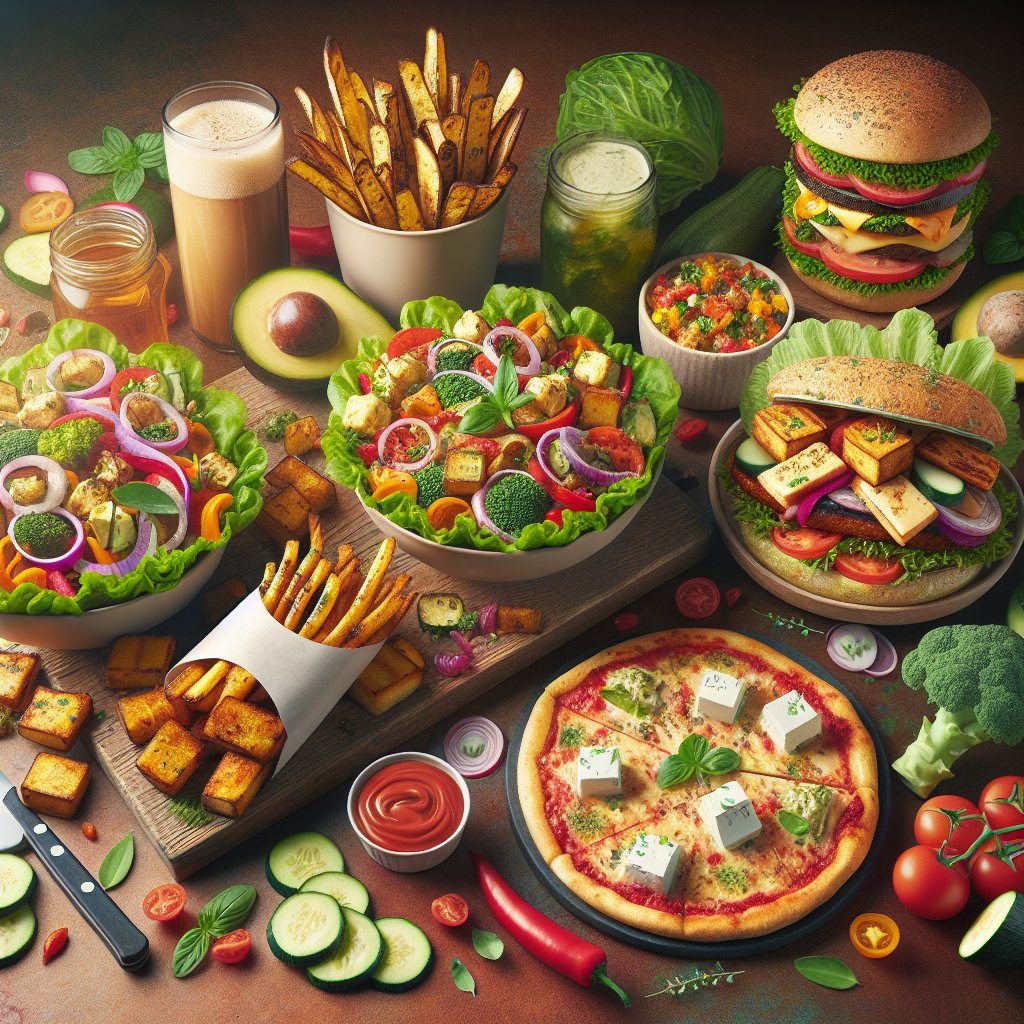 Vibrant array of veggie-loaded salads, lettuce-wrapped plant-based burgers, zucchini fries, and cauliflower-crust pizzas with fresh herbs and dairy-free cheese