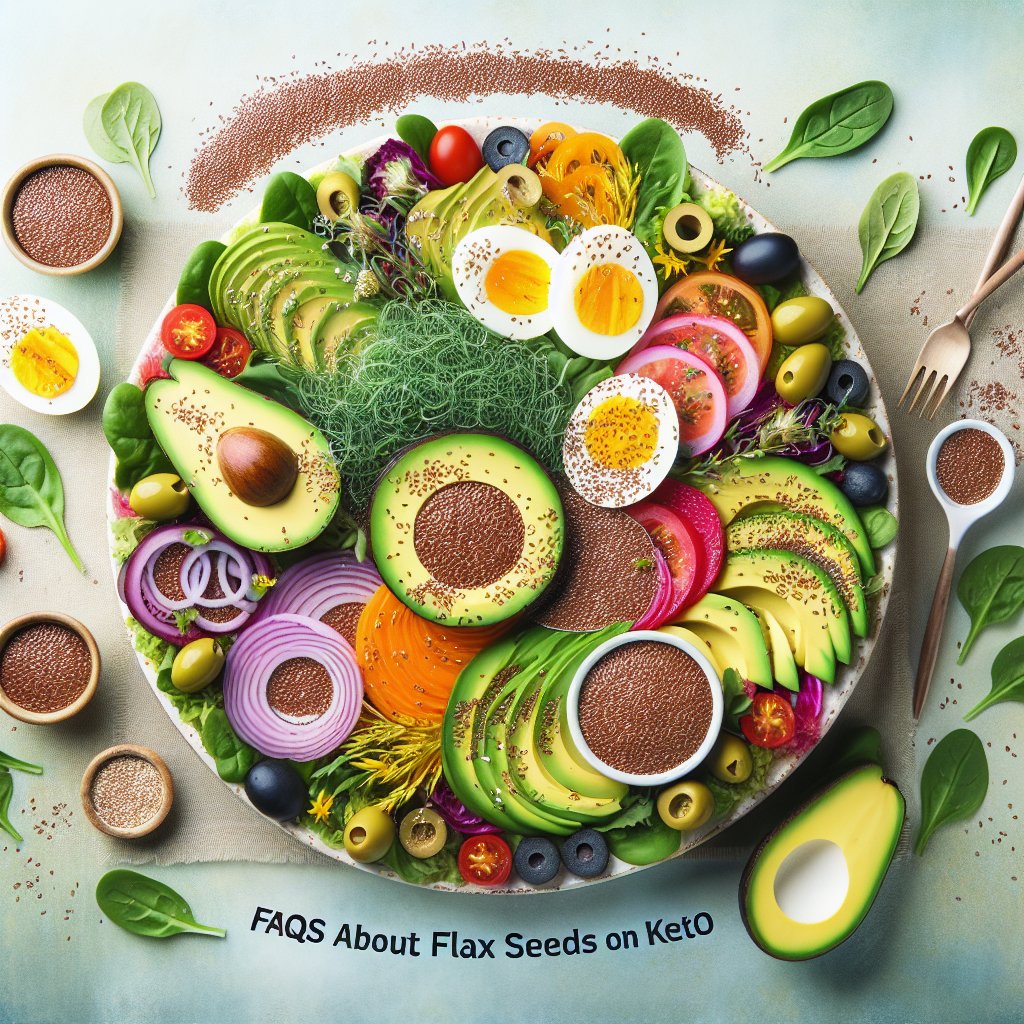 Colorful keto salad featuring flax seeds with 'FAQs about Flax Seeds on Keto' text overlay