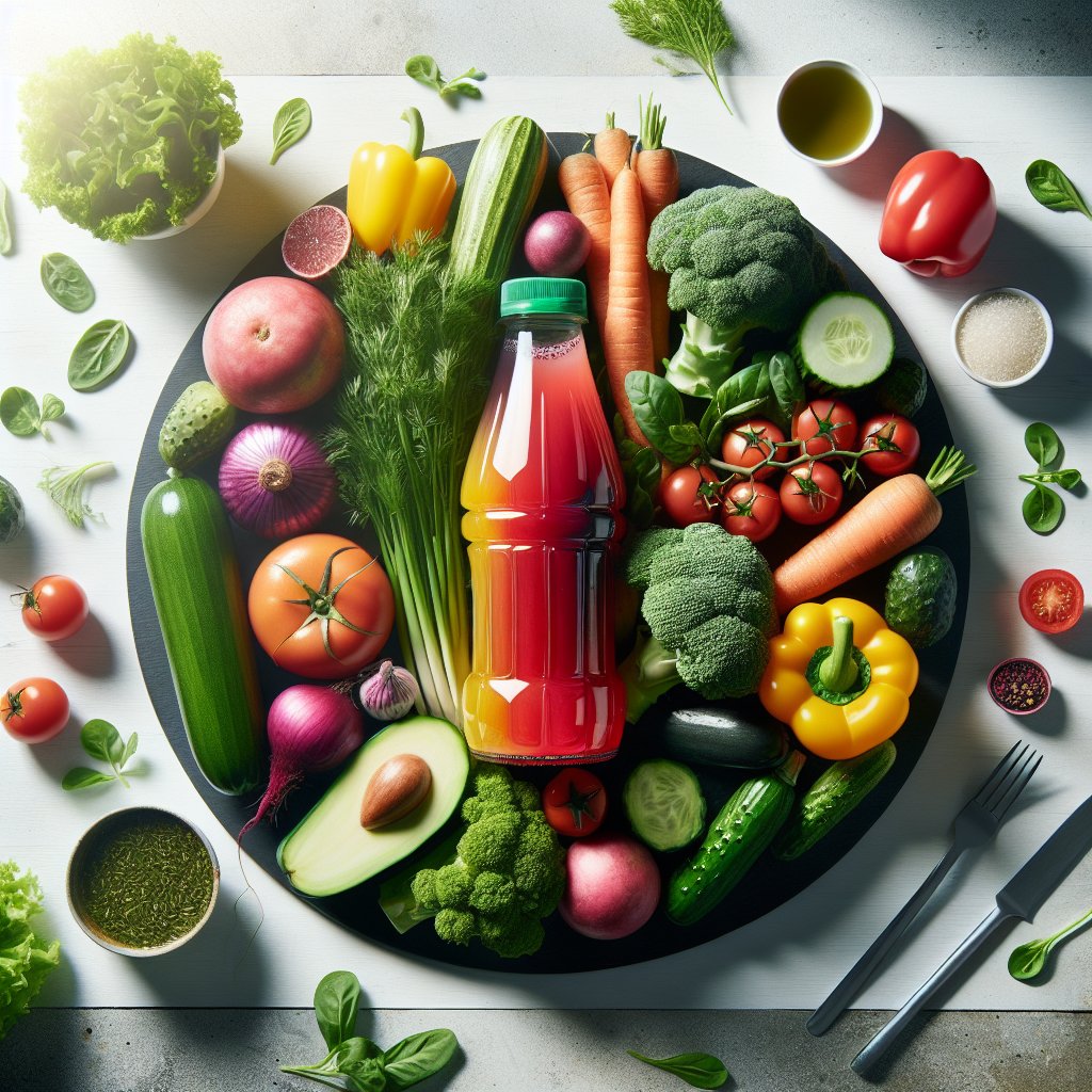 Colorful V8 Juice bottle surrounded by vibrant low-carb vegetables on a modern kitchen countertop.