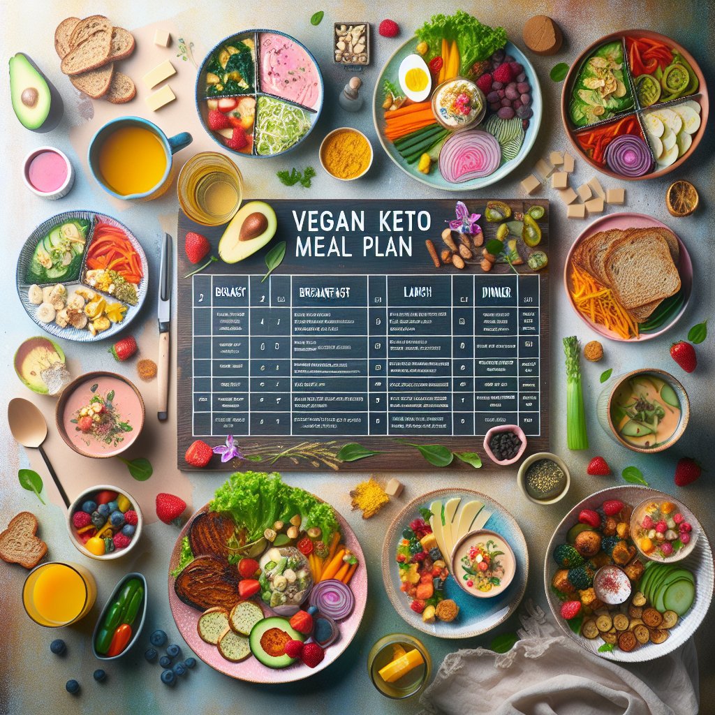 A vibrant and varied vegan keto meal spread featuring visually appealing breakfast, nourishing lunch, and flavorful dinner sets for Day 2-7 of the 7-day meal plan.