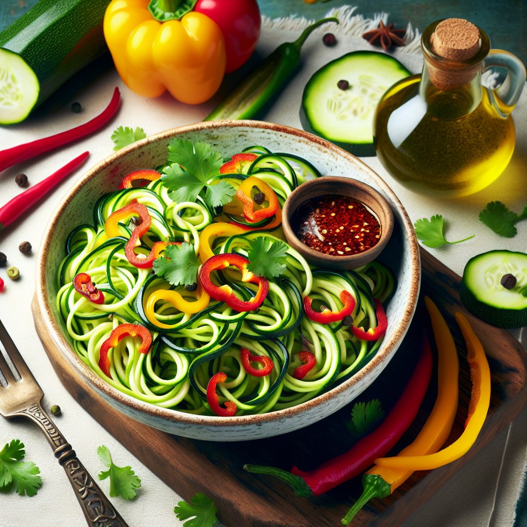 Bowl of zucchini noodles drizzled with homemade chili oil, topped with bell peppers and cilantro