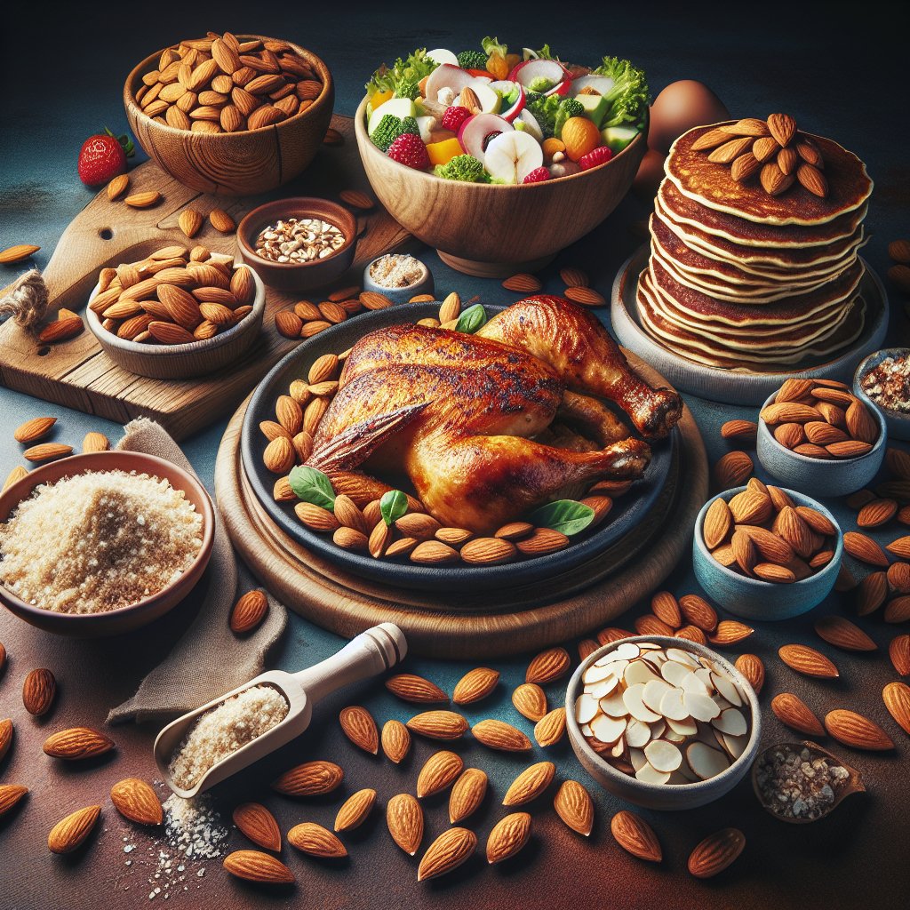 Variety of almond-based keto dishes including almond-crusted chicken, almond flour pancakes, and colorful almond salad, showcasing the versatility and deliciousness of almonds in keto cooking.