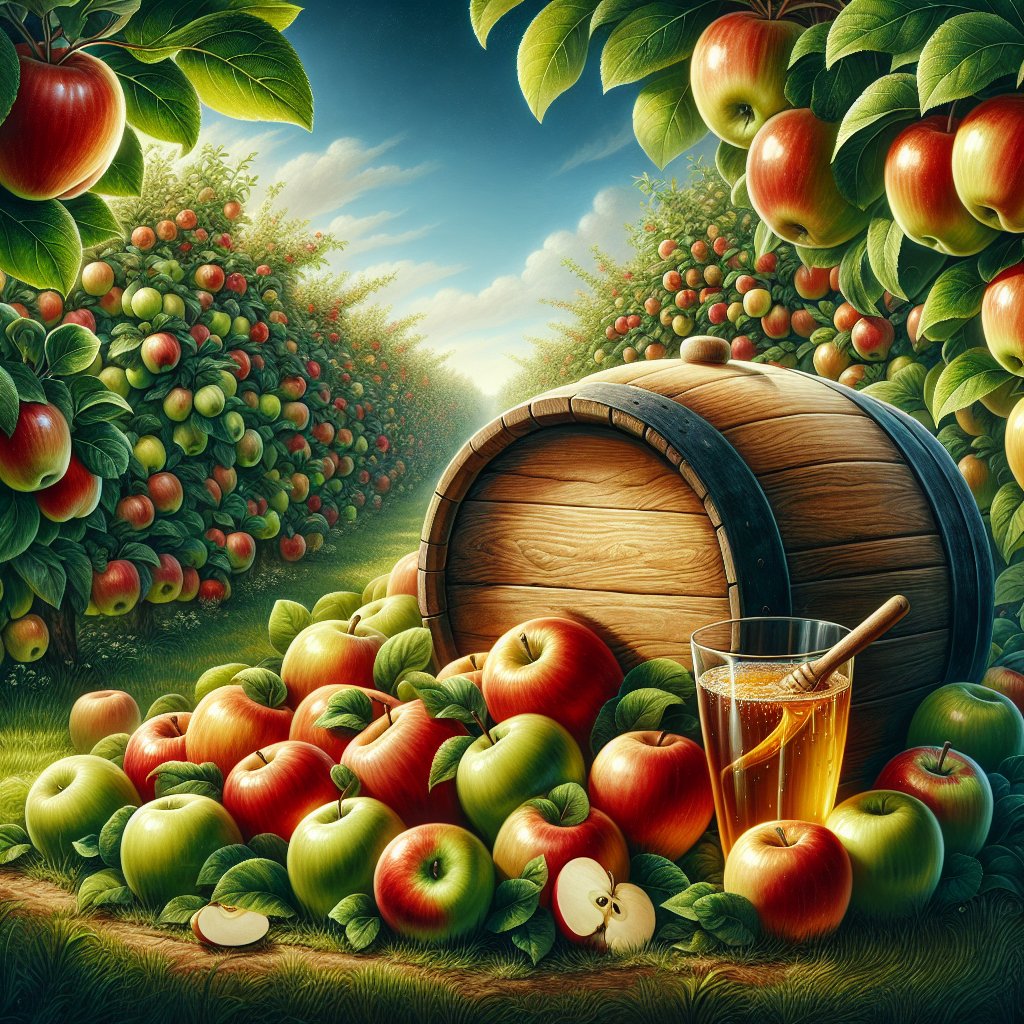 Vibrant apple orchard with apple cider barrel