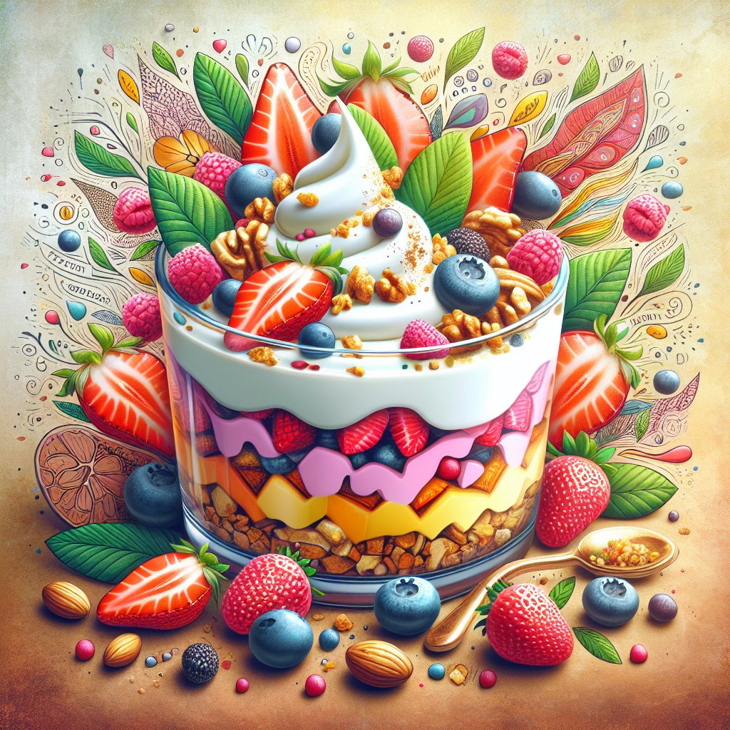 Vibrant and inviting vegan keto yogurt parfait with fresh berries, nuts, and sugar-free syrup