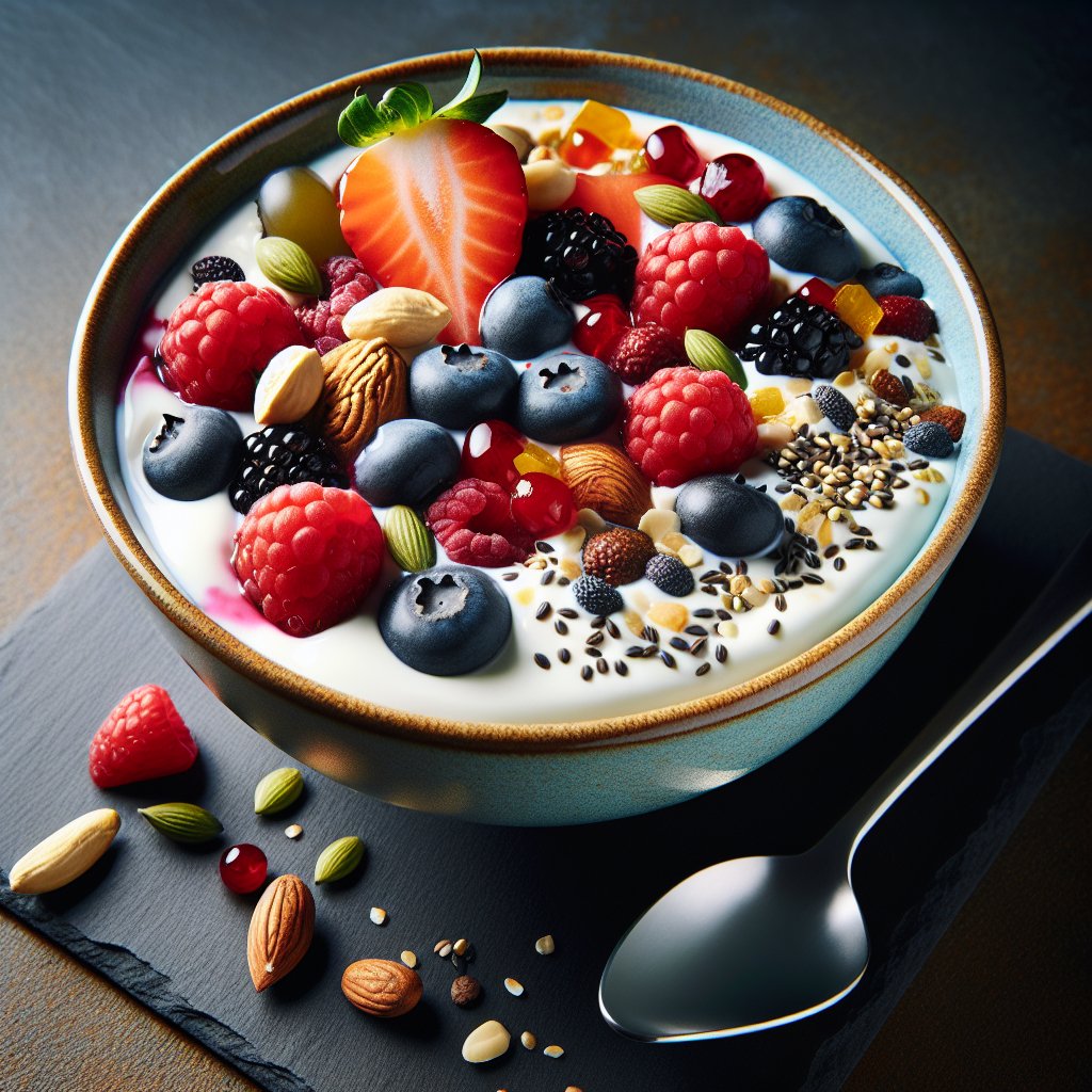Vibrant breakfast bowl with creamy vegan keto yogurt, fresh berries, nuts, and seeds