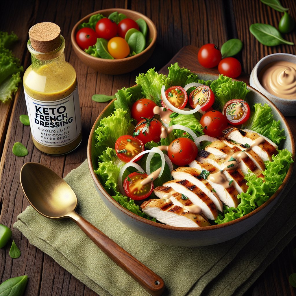 Vibrant chicken salad with lettuce, cherry tomatoes, and grilled chicken slices drizzled with keto French dressing in a stylish bowl on a wooden backdrop