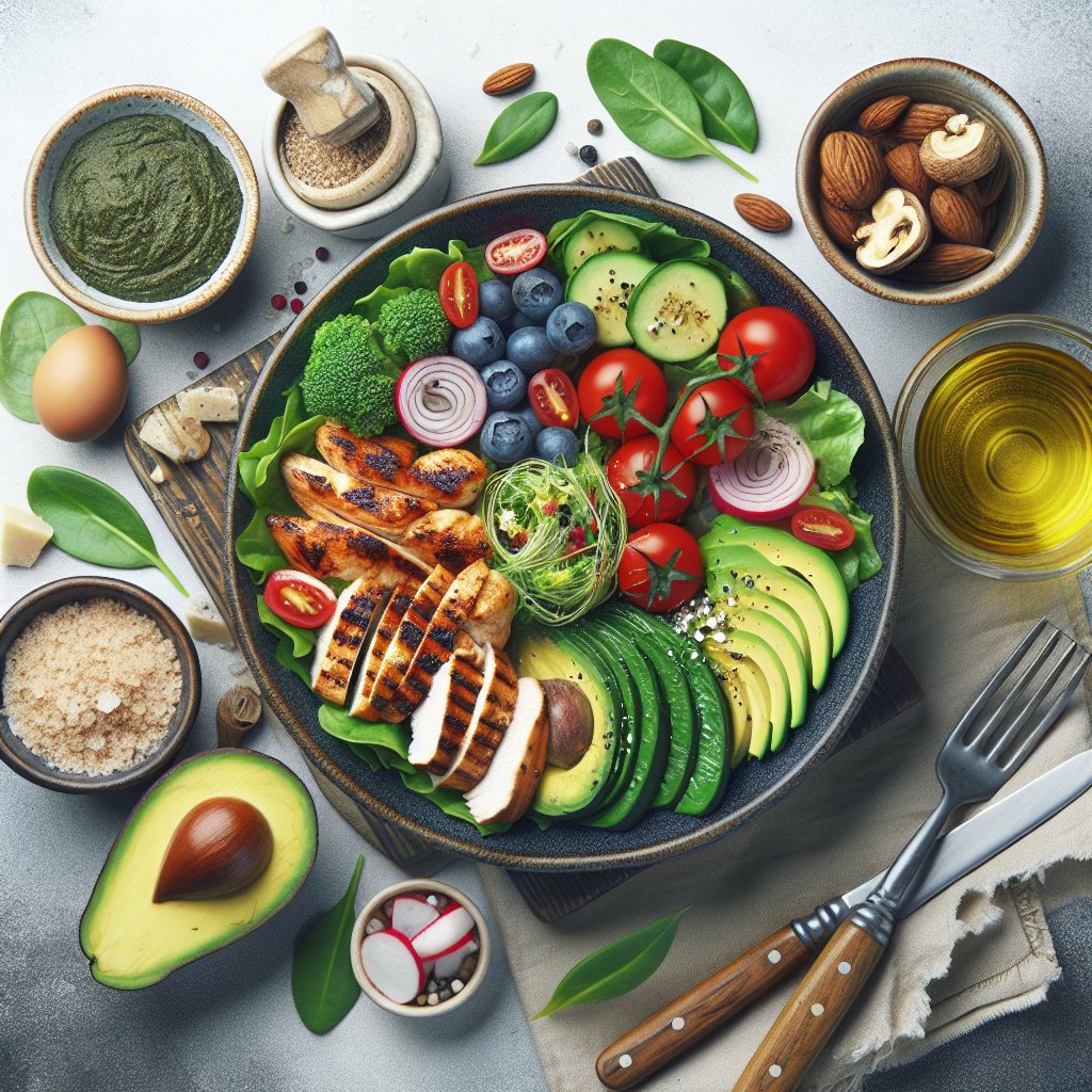 Colorful and fresh keto-friendly chicken salad with grilled chicken, leafy greens, avocado, and other low-carb ingredients in a bowl.