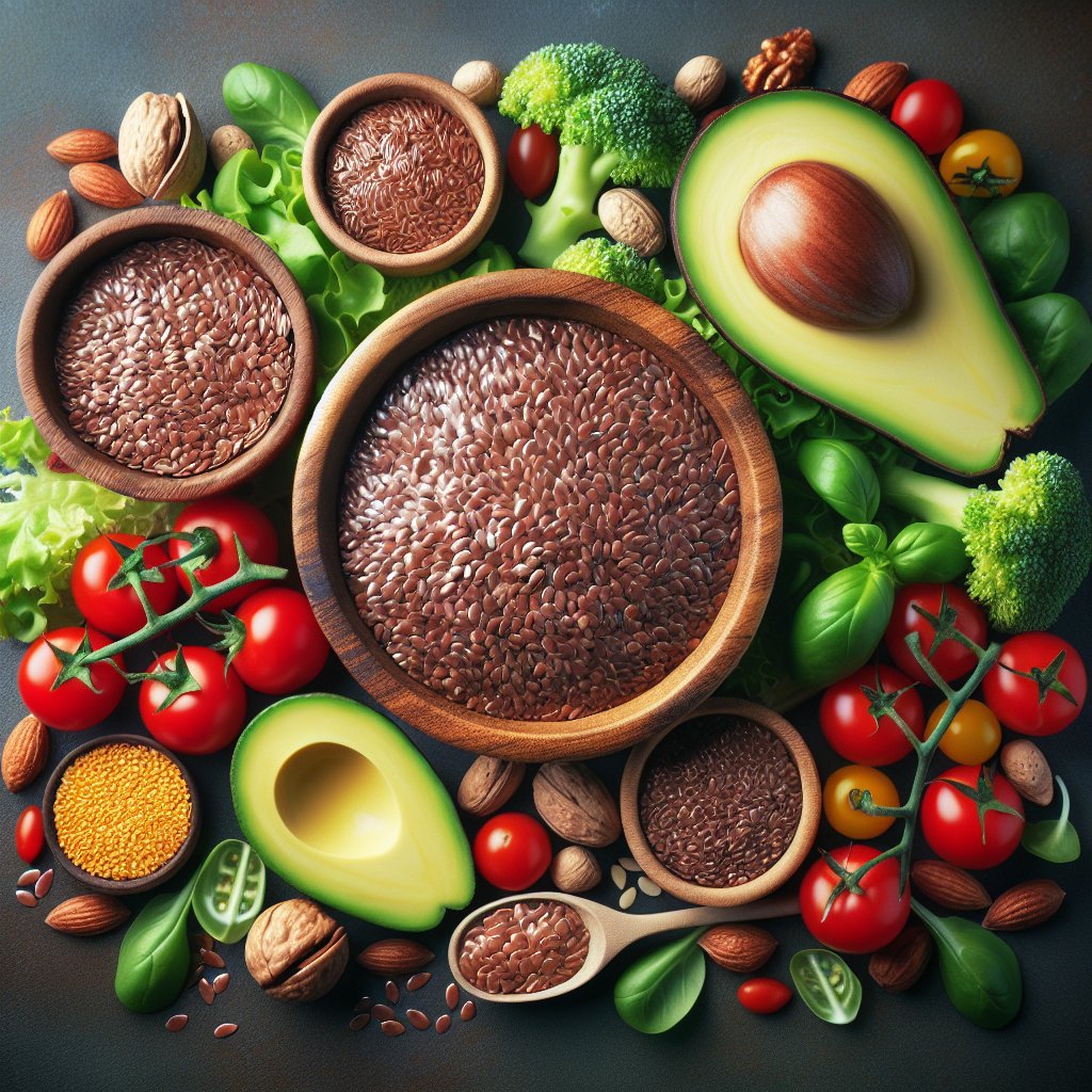 Colorful and vibrant flax seed salad with avocado slices, leafy greens, cherry tomatoes, and nuts, showcasing the glossy texture and rich brown hue of flax seeds for a ketogenic diet.