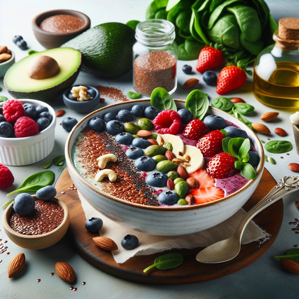 Flaxseed smoothie bowl with fresh berries, nuts, and ketogenic-friendly ingredients