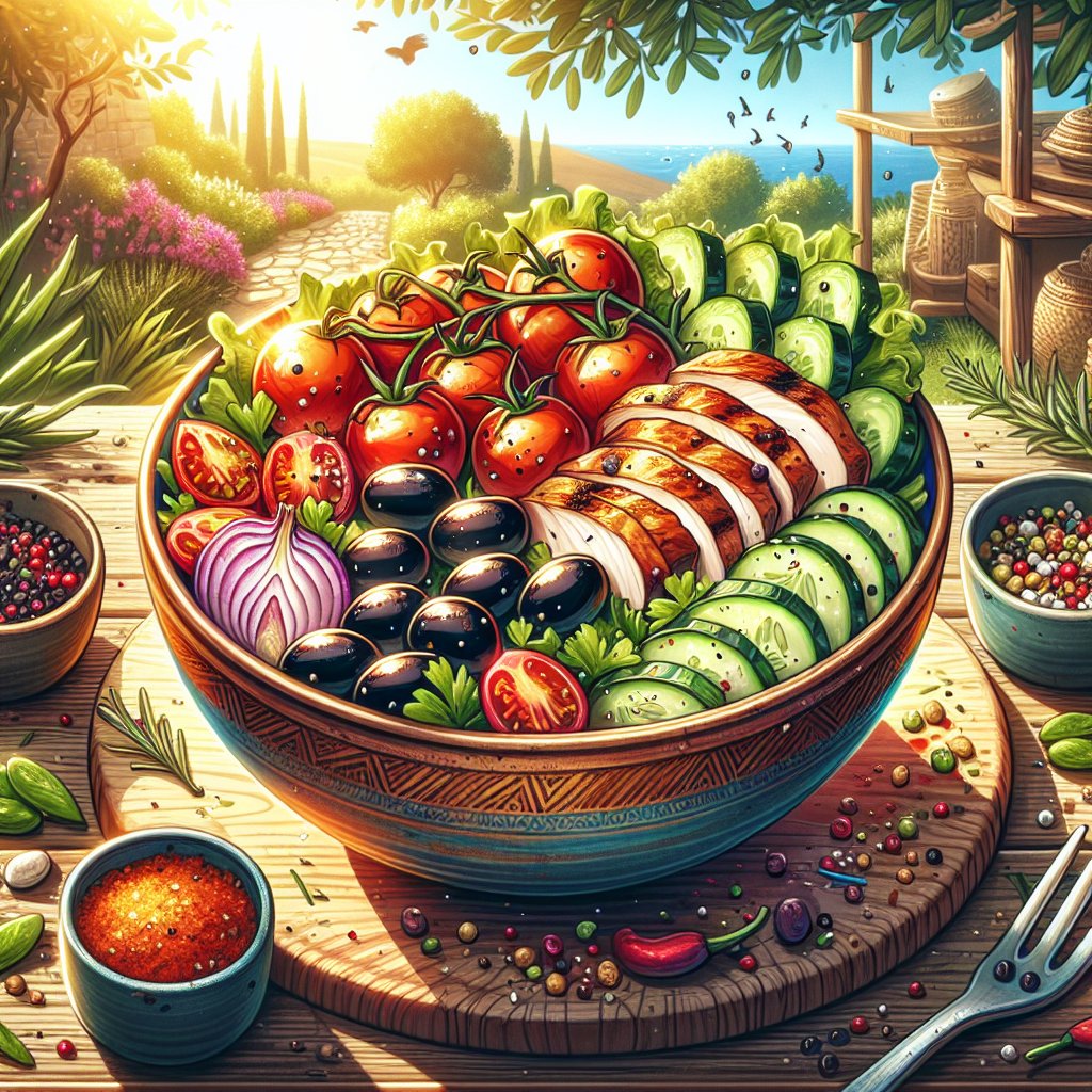 Greek bowl with cherry tomatoes, cucumber, kalamata olives, and grilled chicken on a sunlit garden backdrop