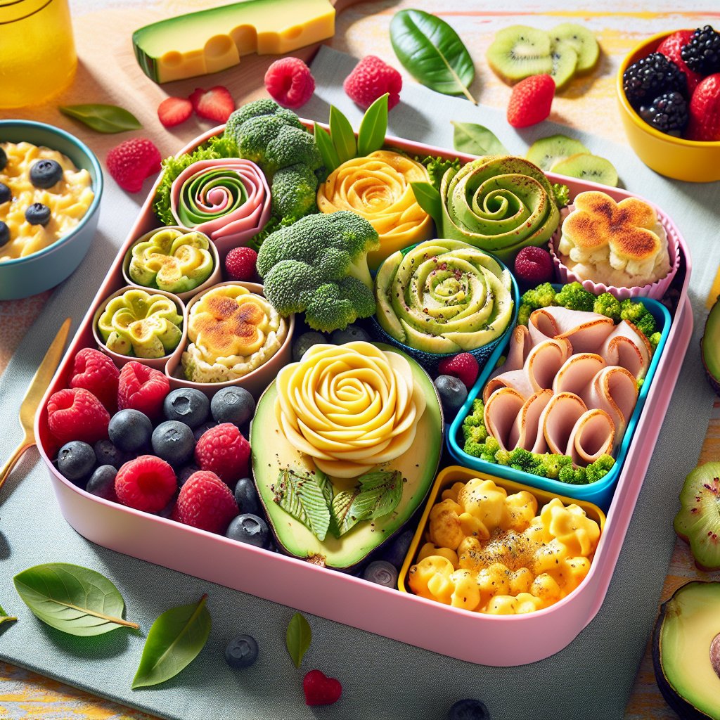 Colorful bento box with avocado roses, turkey and cheese roll-ups, cauliflower 'mac' and cheese, and mixed berries in a playful kitchen setting