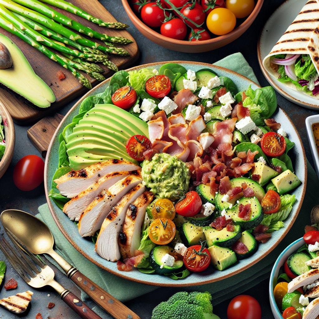 Vibrant keto-friendly lunch spread featuring fresh salad greens, avocado, grilled chicken, bacon, cherry tomatoes, feta cheese, asparagus, and keto wraps with vegetables and turkey slices.