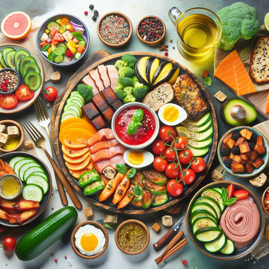 Colorful and appetizing keto meal spread featuring diverse and healthy ingredients for a custom meal plan.