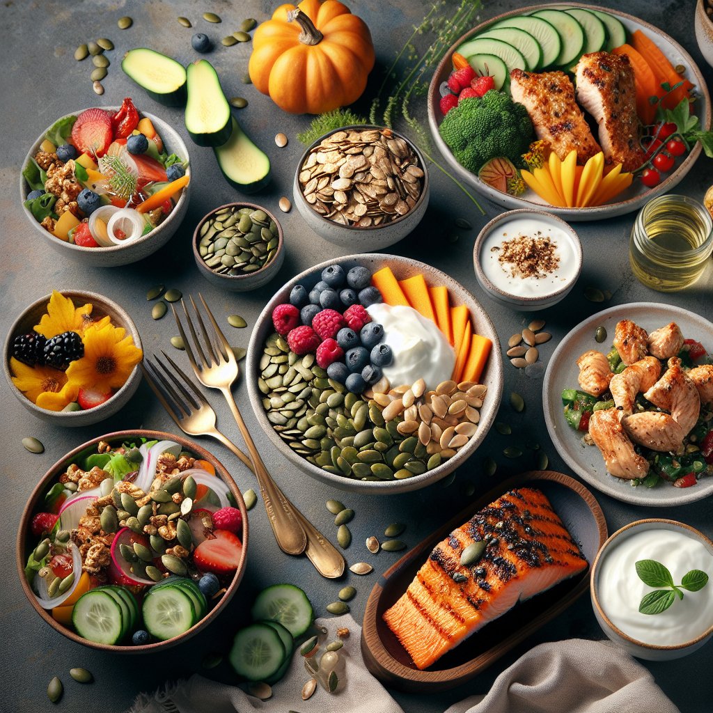 Vibrant and inviting keto-friendly meal spread showcasing pumpkin seed-infused dishes for breakfast, lunch, and dinner. Includes pumpkin seed granola parfait, pumpkin seed-crusted chicken salad, and roasted pumpkin seed-crusted salmon fillets.