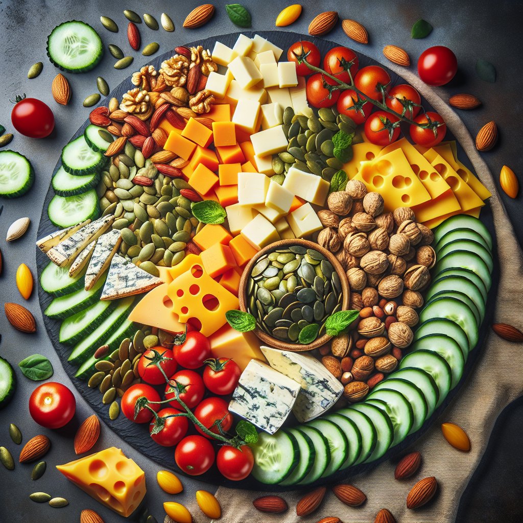 Assortment of keto-friendly options including mixed nuts, pumpkin seeds, cheese, cherry tomatoes, and cucumber slices arranged in a visually appealing and inviting snacking platter