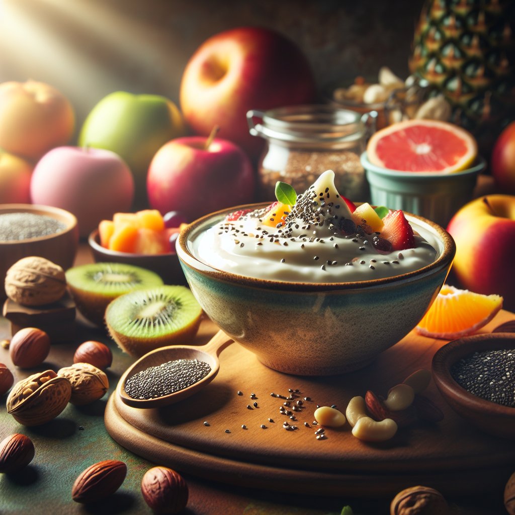 A colorful bowl of creamy keto vegan yogurt topped with fresh fruits, nuts, and a drizzle of natural sweetener, evoking health and wellness.