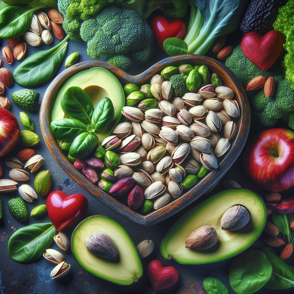 A vibrant and inviting bowl of pistachios, artfully arranged with leafy greens, avocados, and colorful fruits, exuding freshness and vitality.