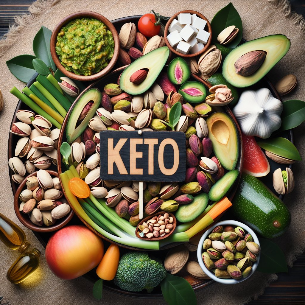 Vibrant and enticing keto-friendly meal with a variety of low-carb, high-fat foods and a generous serving of pistachios