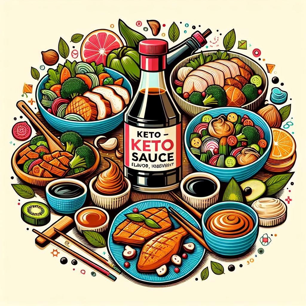 Assortment of keto-friendly dishes featuring soy sauce as a flavor enhancer