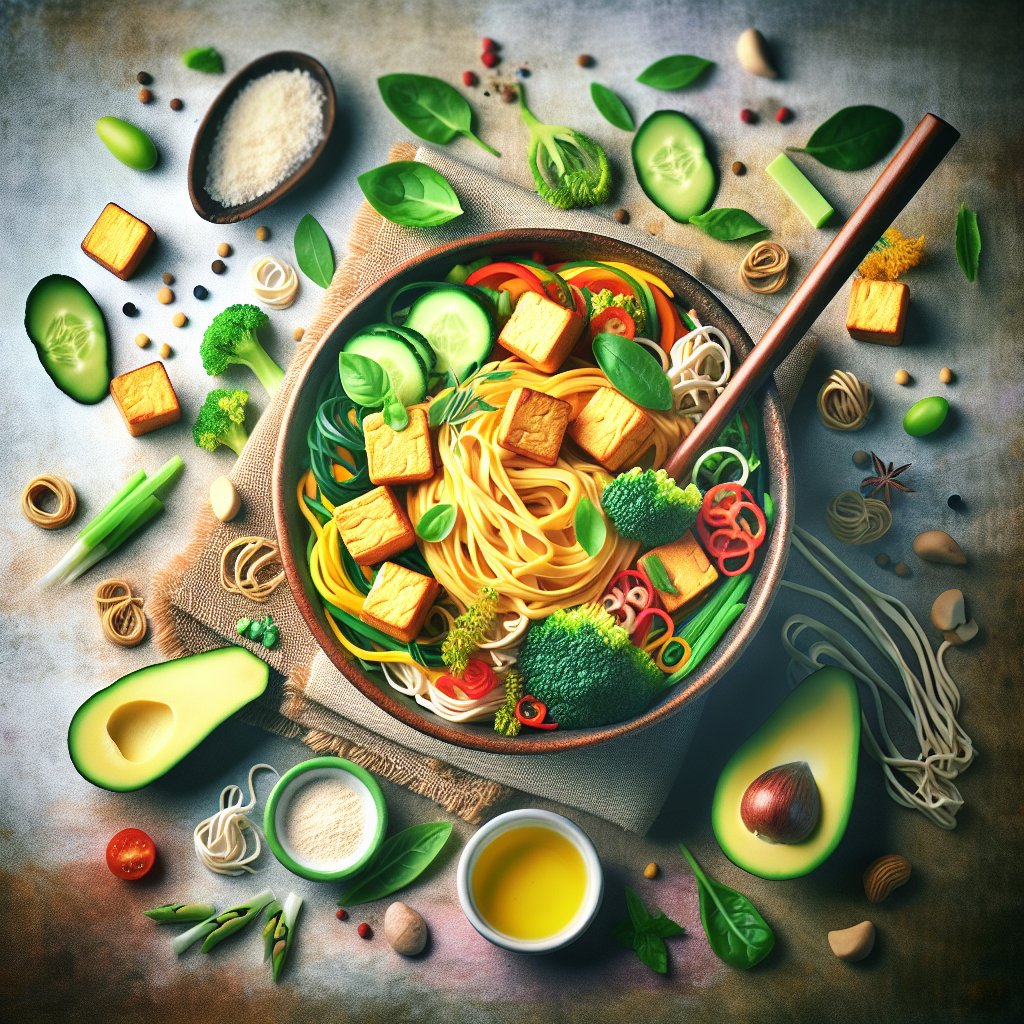 Keto-friendly tofu noodle bowl with fresh vegetables and herbs