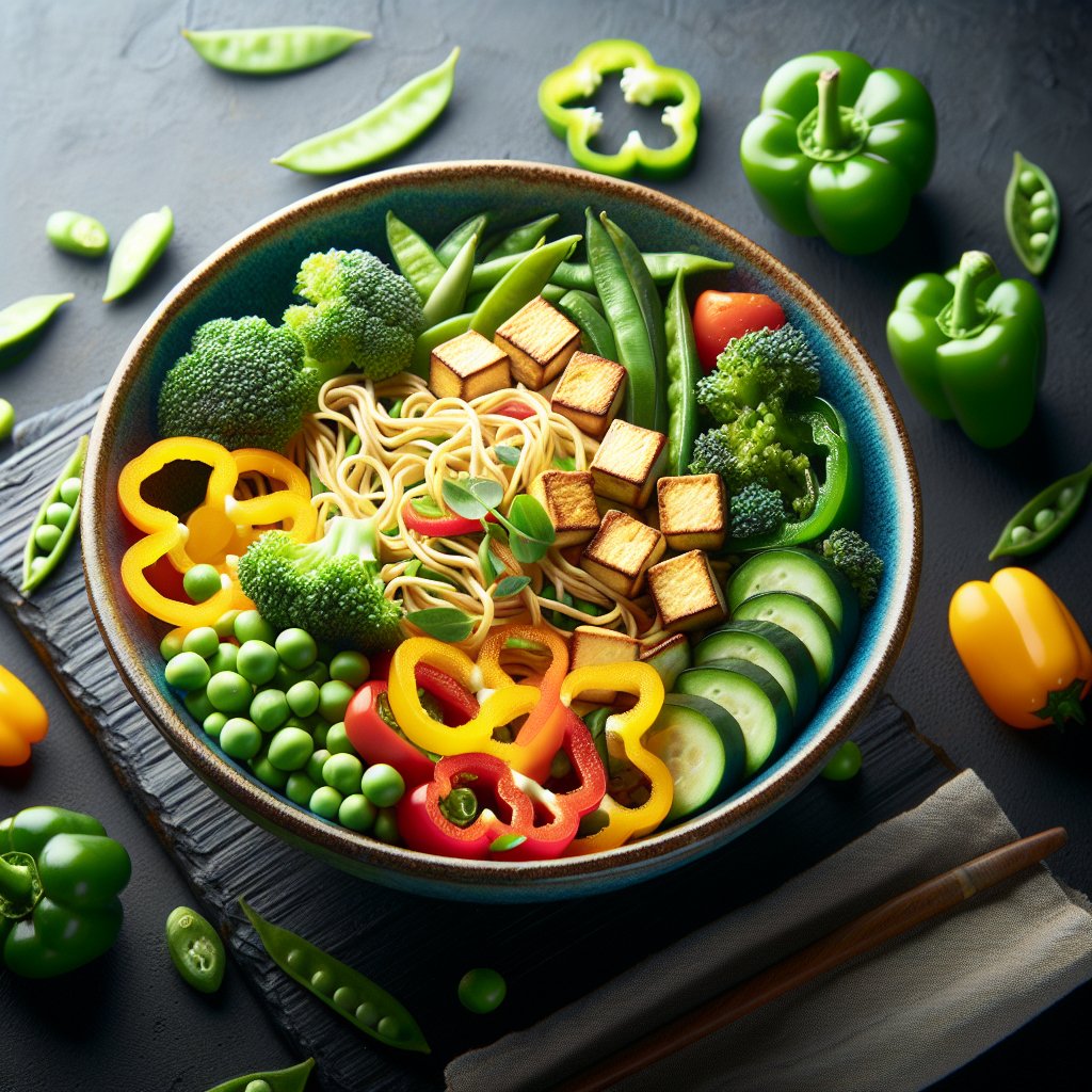 Colorful keto-friendly tofu noodle stir-fry with fresh low-carb vegetables