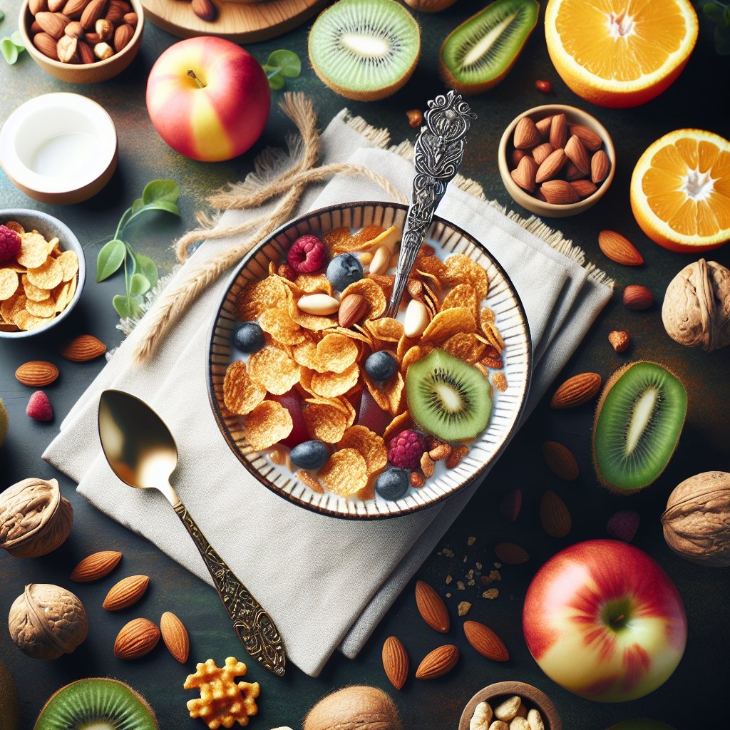 Vibrant breakfast table with vegan keto cereal, fresh fruits, and nuts