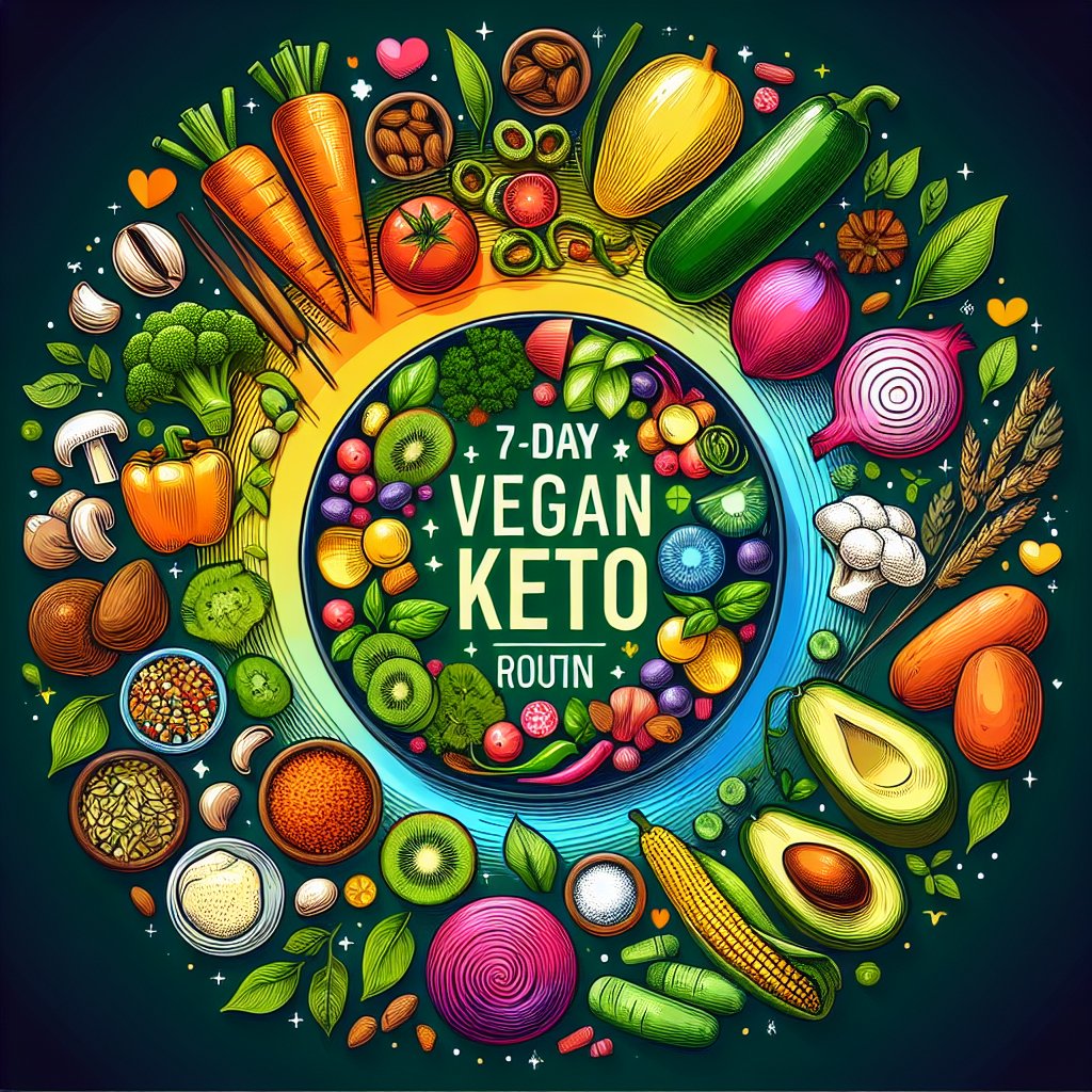 Assortment of colorful fresh vegetables and plant-based protein sources arranged on a plate, representing an energy-boosting and nutritious 7-day vegan keto meal plan.