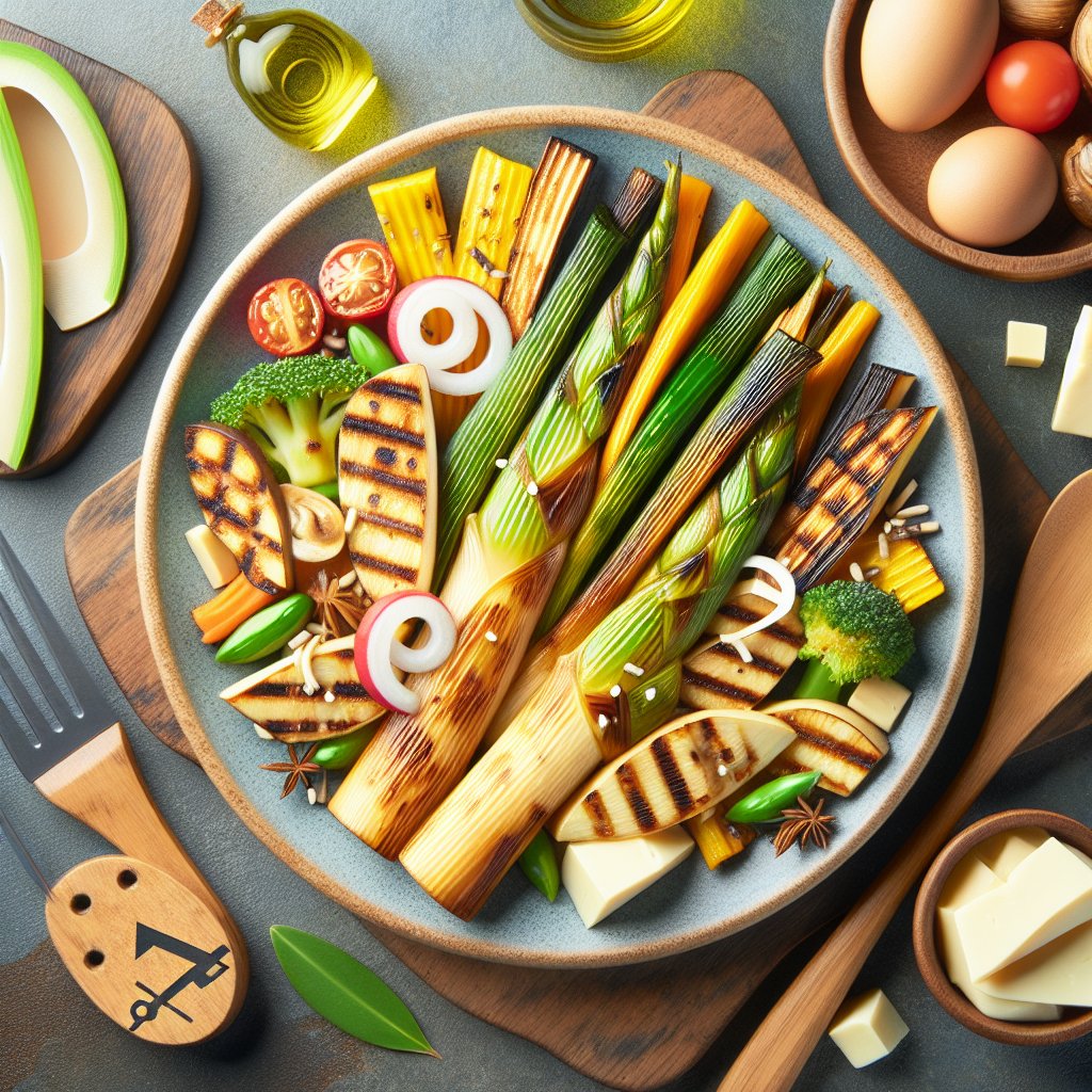 Colorful ketogenic meal featuring grilled bamboo shoots and keto-friendly ingredients