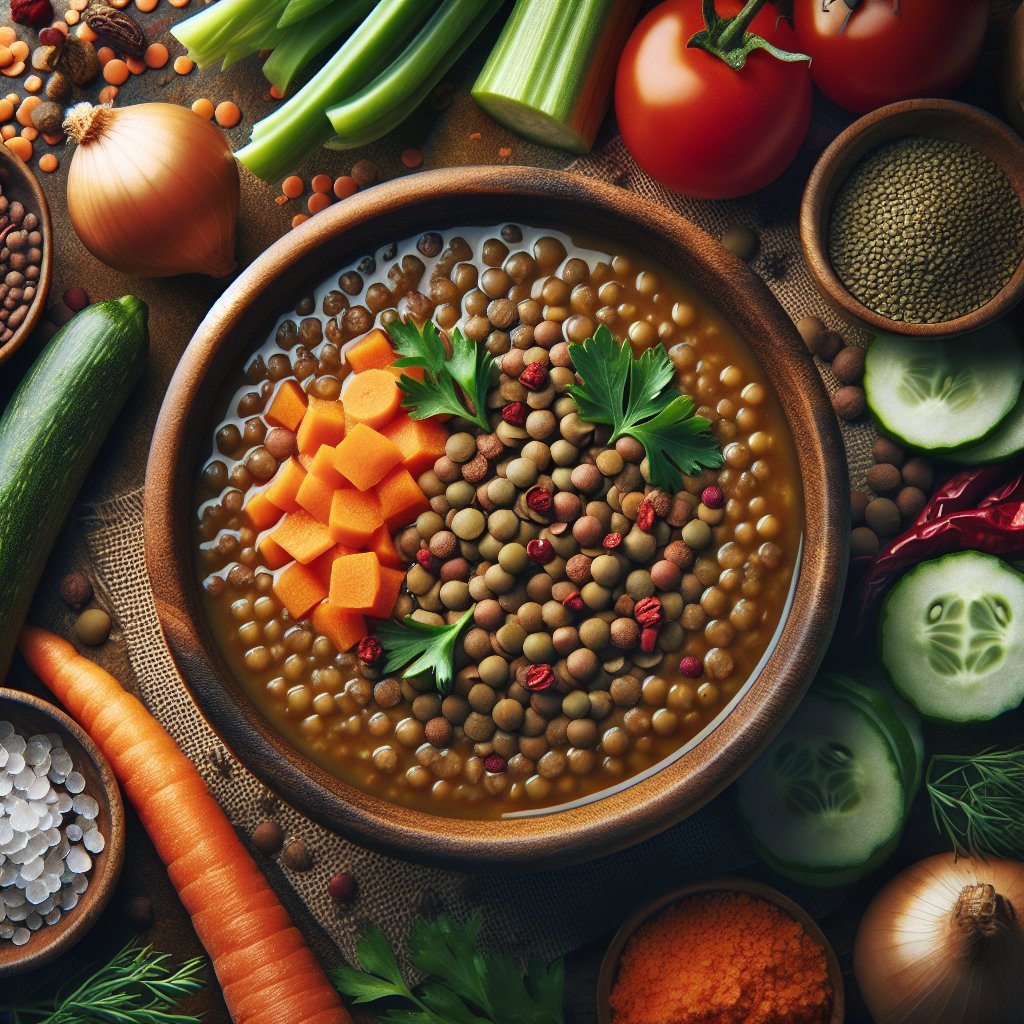 Colorful and nutritious lentil soup bowl with vibrant slices of vegetables and fragrant herbs