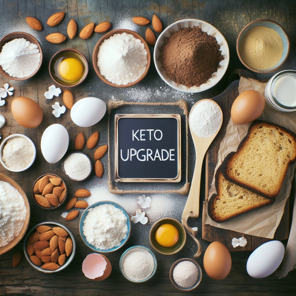 Assortment of vibrant and wholesome keto upgrade bread ingredients, including almond flour, coconut flour, eggs, and baking powder arranged artfully on rustic wooden surface.