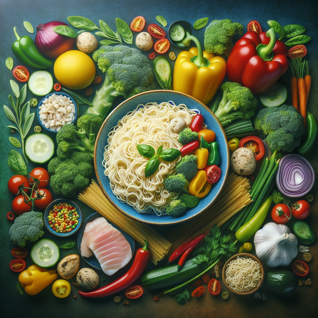 Vibrant bowl of wonder noodles with fresh vegetables and lean protein, ideal for a ketogenic diet