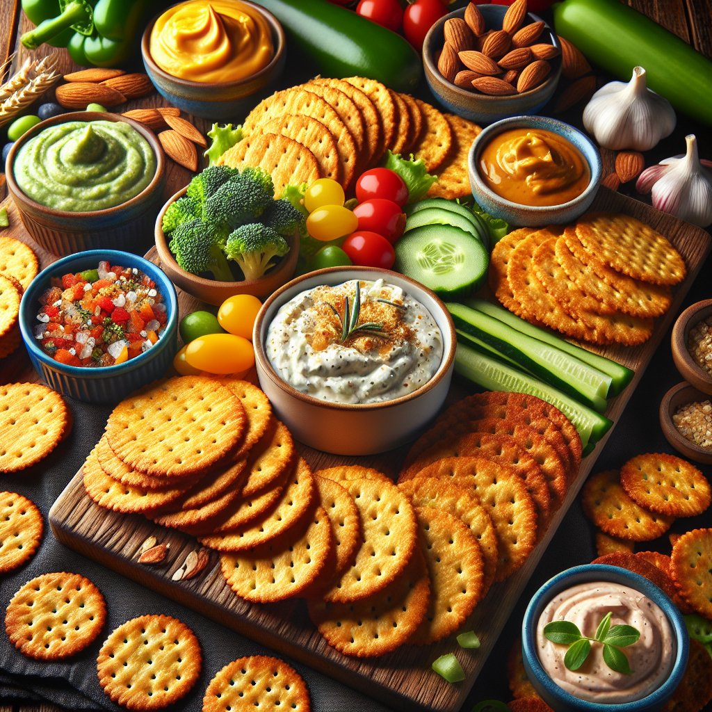 A spread of golden brown almond flour crackers with keto-friendly toppings and dips.