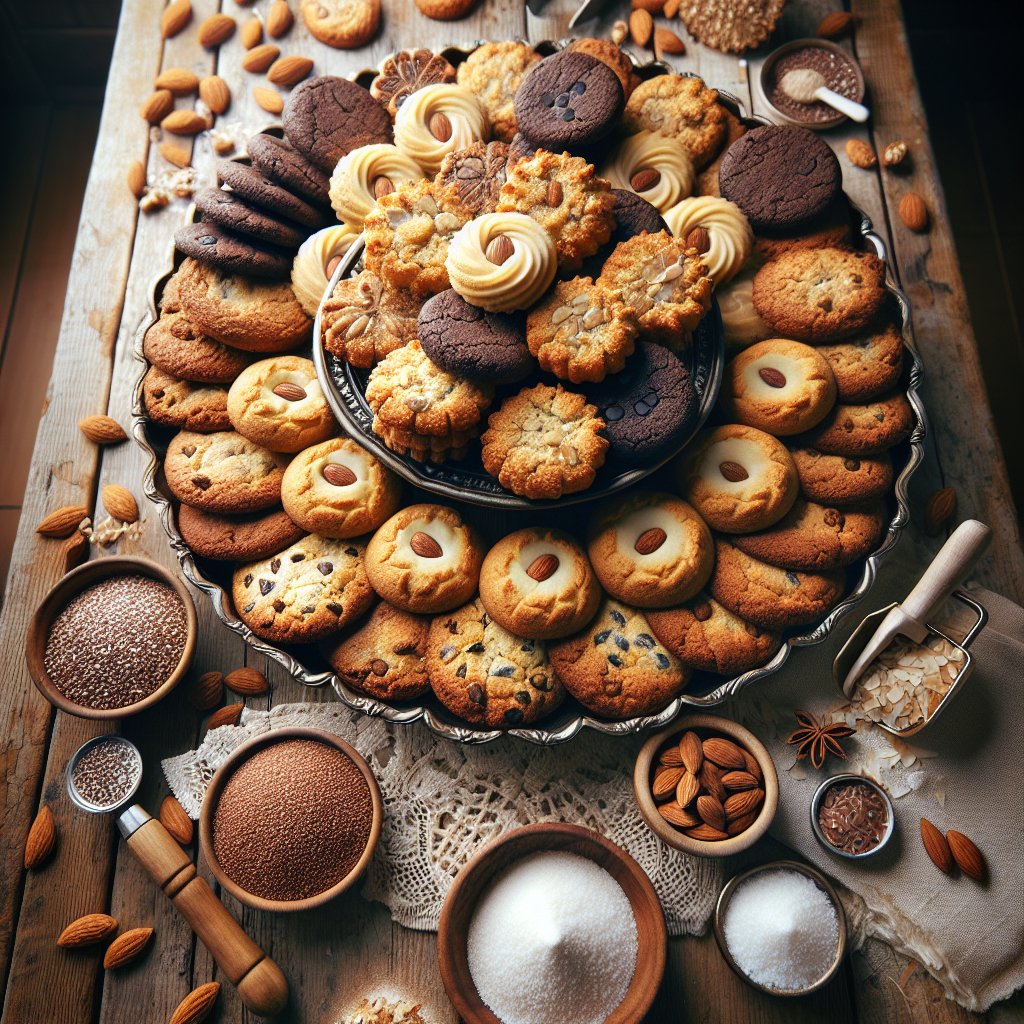 Mouthwatering arrangement of keto cookies on wooden table with scattered coconut flour, flaxseed meal, and cocoa powder