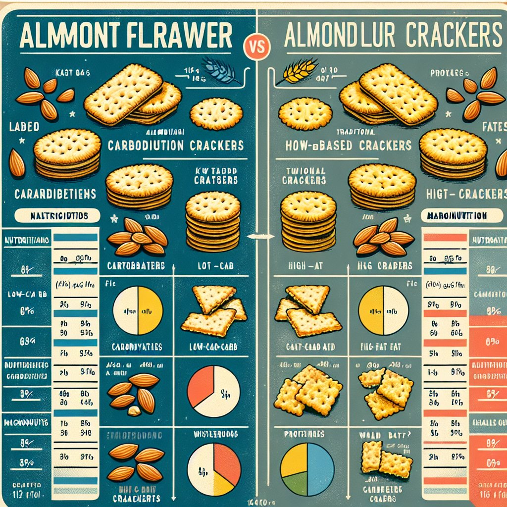 Side-by-side comparison of almond flour crackers and wheat-based crackers showcasing nutritional values with emphasis on differences in carbs, fats, and protein content. Visual emphasis on low-carb and high-fat characteristics of almond flour crackers aligning with the keto diet.