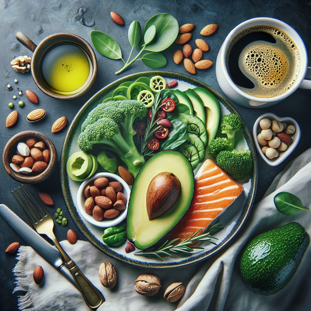 A visually appealing representation of a balanced ketogenic meal, comprising avocado, nuts, leafy greens, olive oil drizzle, grilled salmon, and bulletproof coffee.