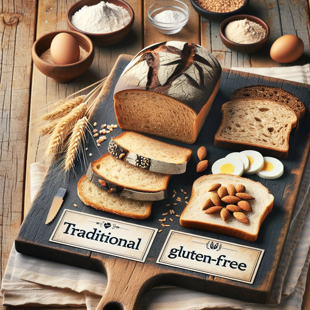 Three slices of bread representing traditional, gluten-free, and keto-friendly options on a wooden cutting board with ingredients arranged around them, set in a warm and inviting kitchen setting.