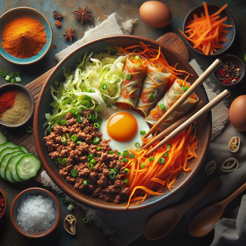 Colorful keto egg roll in a bowl dish with ground meat, shredded cabbage, carrots, and flavorful seasonings, representing a cost-effective and delicious meal.