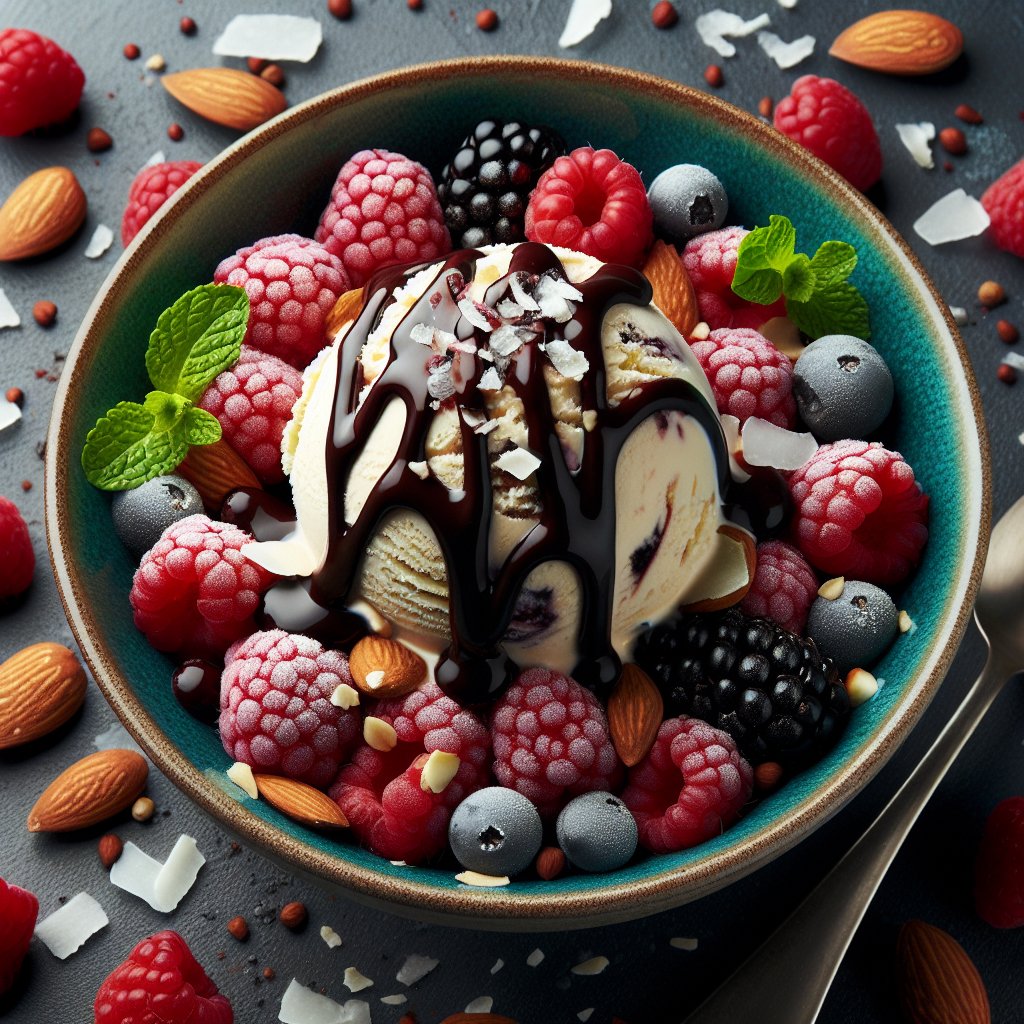 Decadent bowl of carb-smart ice cream with fresh berries and sugar-free chocolate sauce