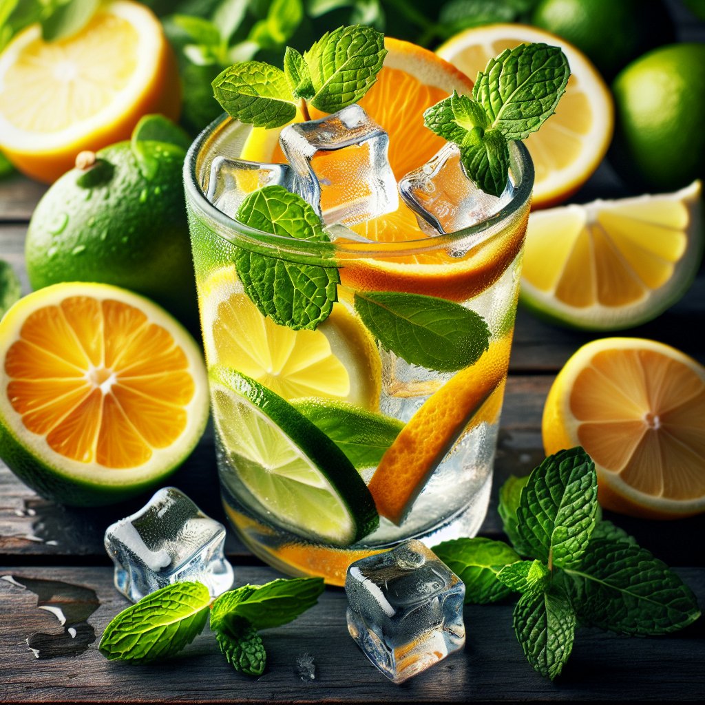 Vibrant and refreshing keto-friendly citrus-infused water with lemon, lime, and orange slices, ice cubes, and mint leaves.