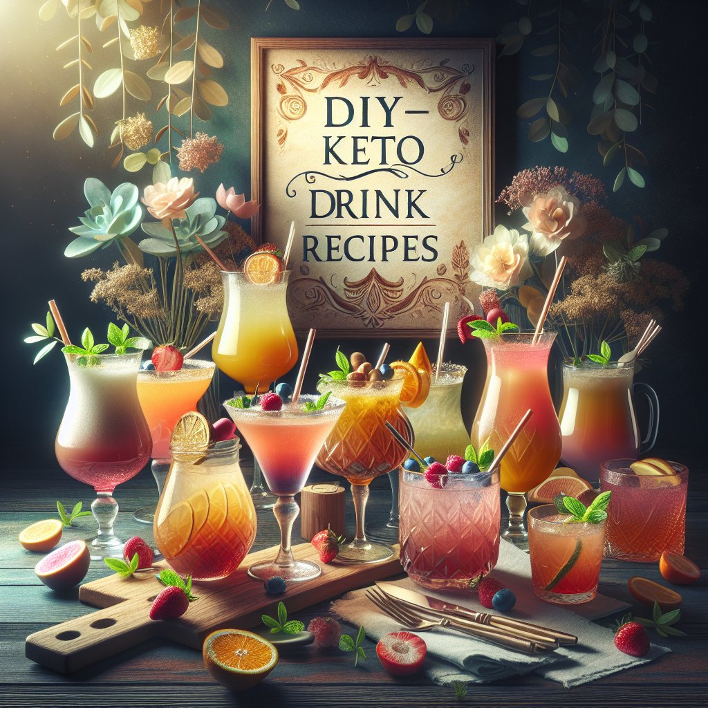 Variety of colorful keto-friendly drink recipes beautifully garnished and presented on a serene kitchen counter