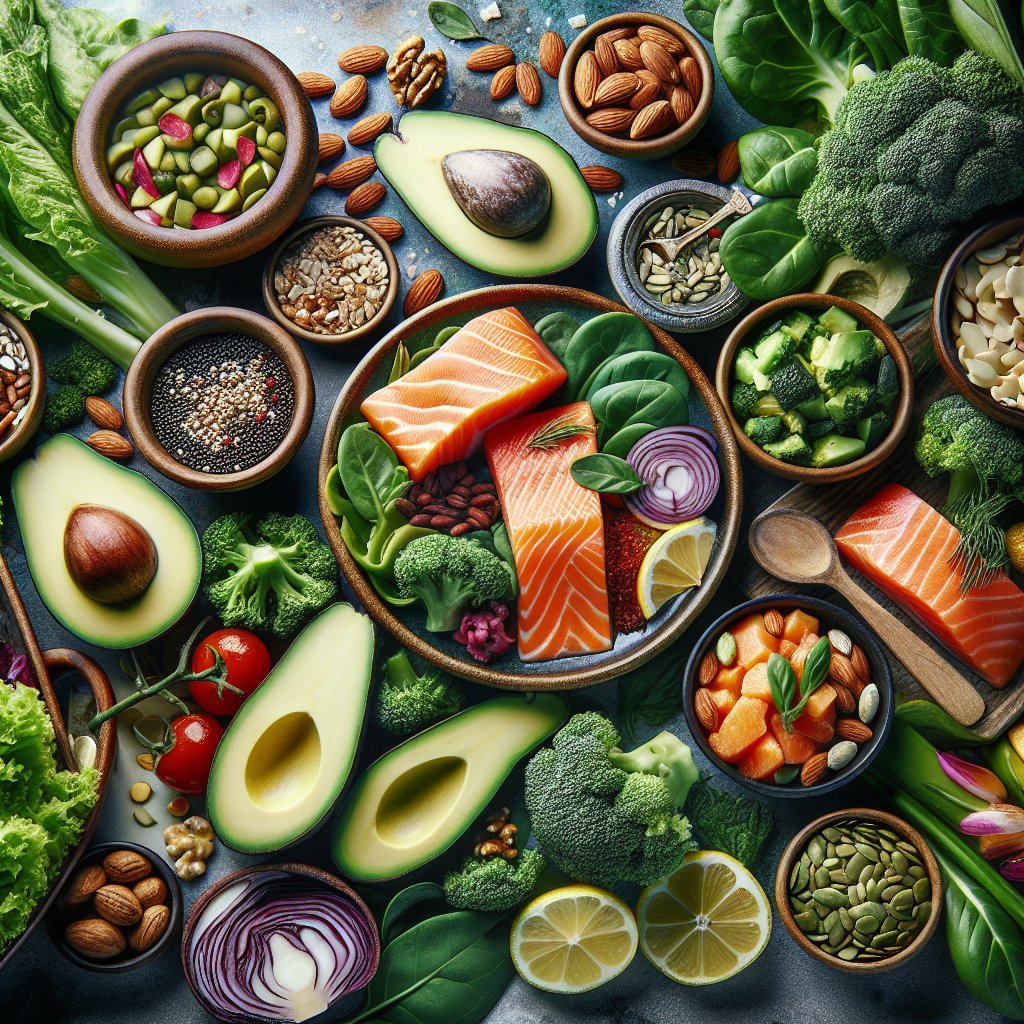Vibrant keto-friendly meal spread with avocados, leafy greens, salmon, nuts, and seeds showcasing fresh, healthy ingredients.