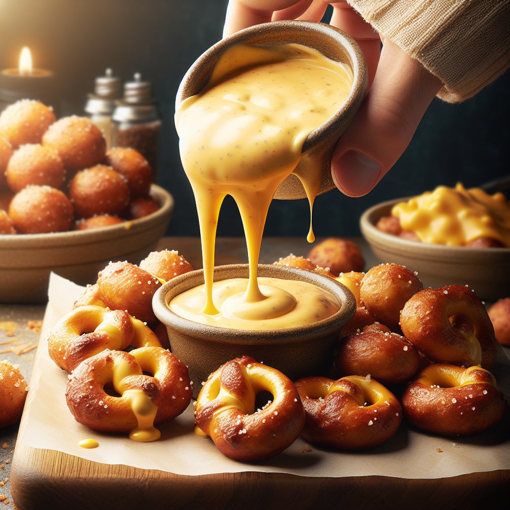 Creamy cheese sauce being drizzled over freshly baked keto pretzel bites