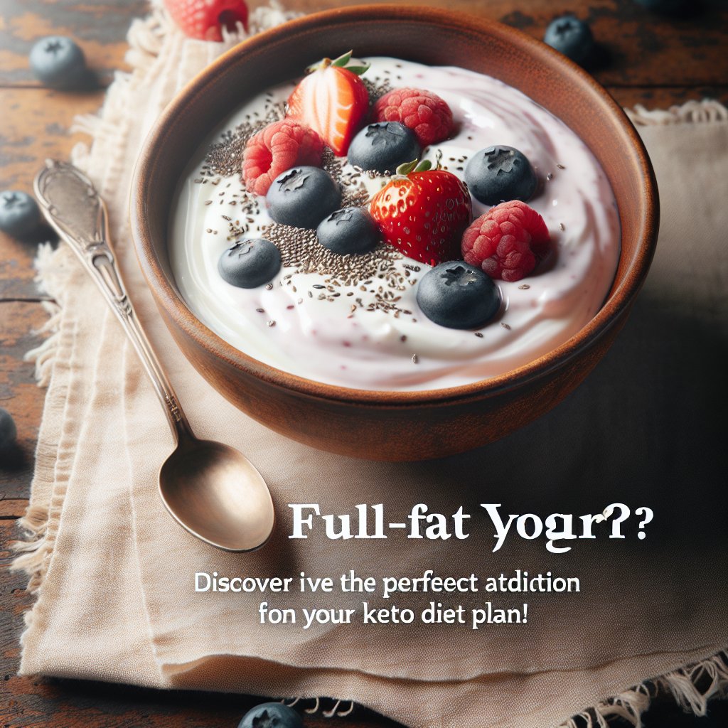 A creamy bowl of full-fat yogurt topped with fresh berries and a sprinkling of chia seeds on a rustic wooden table.