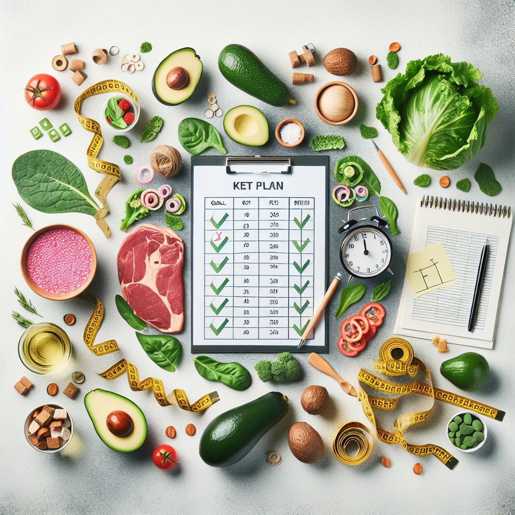 Variety of fresh keto-friendly ingredients organized in a visually appealing manner with elements symbolizing goal-setting and progress-tracking.