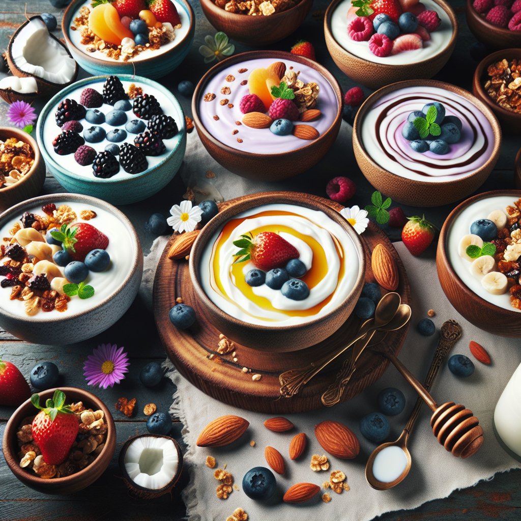 Assorted dairy-free yogurt bowls with berries, granola, and honey on rustic wooden table