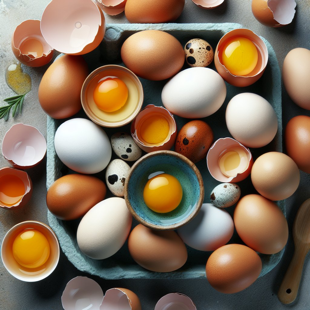 Assortment of whole, cracked, and eggshell eggs in vibrant colors, showcasing their versatility and nutritional richness for the ketogenic diet.