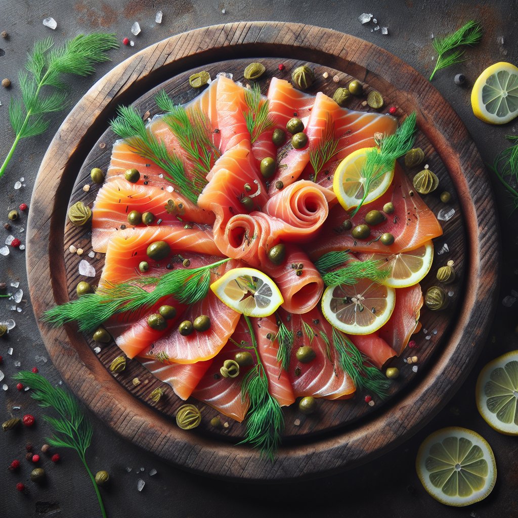 Beautifully arranged platter of keto lox, featuring thin slices of cured salmon garnished with fresh dill, lemon wedges, and capers on a rustic wooden board.